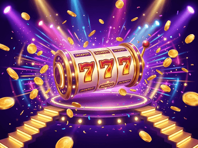 A high-end digital casino interface featuring glowing slot machines and gold coins